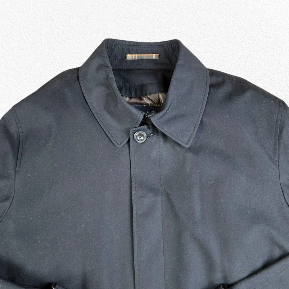 London Fog Navy Belted Trench Coat Plaid Removable Liner Jacket Size 42 Short